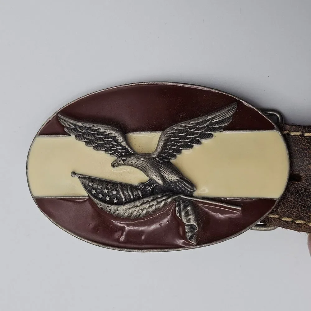 Vintage Brown‎ Leather Belt Men's Majestic Eagle with Flag Buckle Inlay Men's